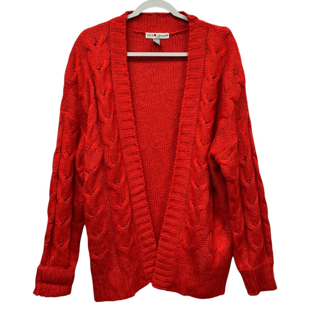 Love Change Italy Sweater Womens Large Red Cable Knit Open Front Cardigan Y2K